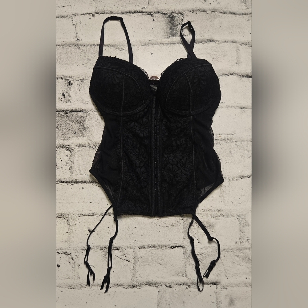 La Vie en Rose Black Lace Corset Bustier Garter S